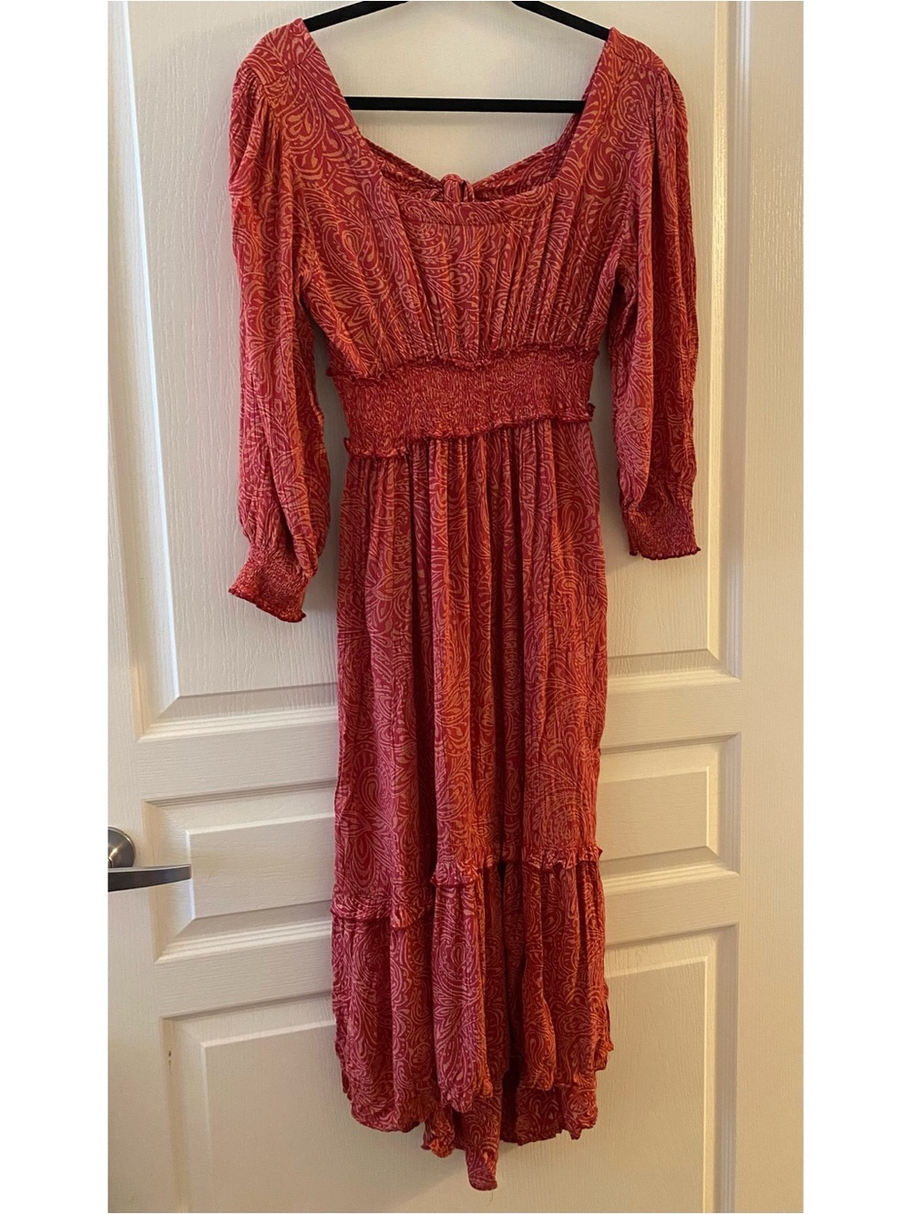 ANGIE Boho Square Neck High-Low Paisley Smocked Dress in Red/Pink - M